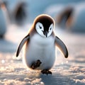 Cute baby penguin walking on the ice, penguin in the snow, arctic wildlife wallpaper, generative ai