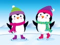 Cute Baby Penguins On Ice Skates In Wintertime
