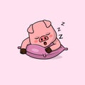 Cute baby pig cartoon sleeping face on pillow flat vector icon illustration Royalty Free Stock Photo