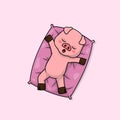 Cute baby pig cartoon sleeping on pillow flat vector icon illustration Royalty Free Stock Photo