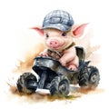 Cute Baby Pig Driving a Tractor - Watercolor Clipart on White Background AI Generated