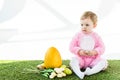 Baby in pink fluffy costume sitting near yellow ostrich egg, colorful chicken eggs and tulips  on white Royalty Free Stock Photo