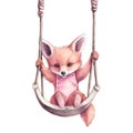 Cute baby Pink Fox on swing cradle watercolor illustration