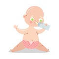 Cute baby in pink underpants sitting and drinking milk from a bottle with raised hands. Vector illustration in flat Royalty Free Stock Photo