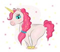 Cute baby pink unicorn vector isolated on stars background. Print for t-shirts or sticker. Romantic magic Pegasus illustration