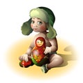 Cute baby plays with a Russian doll