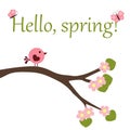 Cute baby poster Hello to spring with a bird on a blossoming