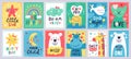 Cute baby poster. Kids play room, nursery or baby shower hand drawn cards, cute animals, moon and little star isolated Royalty Free Stock Photo