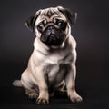 Cute baby pug dog sitting, front view, looking curiously into the camera, dark