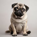 Cute baby pug dog sitting, front view, looking curiously into the camera