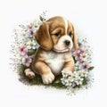 Cute Baby Puppy Floral,Wildlife,Innocent, Playful, Charming, Spring Flowers, illustration ,clipart, isolated on white background
