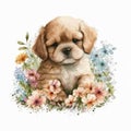 Cute Baby Puppy Floral,Wildlife,Innocent, Playful, Charming, Spring Flowers, illustration ,clipart, isolated on white background