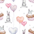 Cute baby rabbit animal with cake and pink, blue, orange ballon seamless pattern, watercolor illustration for children clothing, w