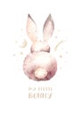 Cute baby rabbit animal dream illustration comet with gold stars in night sky, forest bunny illustration for children