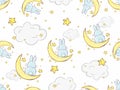 Cute baby rabbit animal seamless dream pattern, moons with gold stars in night sky, bunny illustration for children