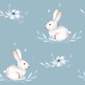 Cute baby rabbit animal seamless pattern, forest illustration for children clothing. Woodland watercolor Hand drawn boho image for