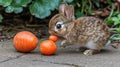Cute baby rabbit eating carrots and tomatoes outdoors Royalty Free Stock Photo