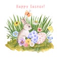 Cute baby rabbit and flowers watercolor illustration. Happy Easter card, nursery holiday design Royalty Free Stock Photo