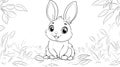 Cute Cartoon Bunny Rabbit Sitting in Grass, Outline Coloring Page Royalty Free Stock Photo