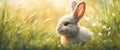 Cute baby rabbit on a green lawn sunshine Royalty Free Stock Photo