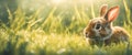 Cute baby rabbit on a green lawn sunshine Royalty Free Stock Photo