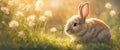 Cute baby rabbit on a green lawn sunshine Royalty Free Stock Photo