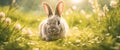 Cute baby rabbit on a green lawn sunshine Royalty Free Stock Photo