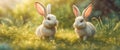 Cute baby rabbit on a green lawn sunshine Royalty Free Stock Photo