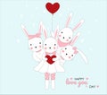 The cute baby rabbit holding red heart. Animal cartoon hand drawn style