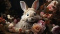 Cute baby rabbit sitting in grass, pink flower gift generated by AI