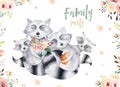 Cute baby raccon nursery animal isolated illustration for children. Bohemian watercolor boho forest raccons family