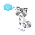 Cute Baby Raccoon Pondering With Handwritten Inscription Think Vector Illustration Cartoon Character