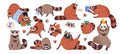 Cute baby raccoons set. Funny racoon characters in fun poses with trash can, garbage, food. Happy wild animal with furry