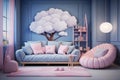 Cute baby room design blue walls, white sofa, pink accents Royalty Free Stock Photo