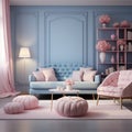 Cute baby room design blue walls, white sofa, pink accents Royalty Free Stock Photo