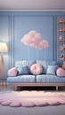 Cute baby room design blue walls, white sofa, pink accents Royalty Free Stock Photo