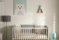 Baby room interior with crib and decor elements