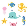 Cute baby sea fishes. Vector cartoon underwater animals collection. Jellyfish and starfish, ocean and sea life illustration