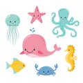 Cute baby sea fishes. Vector cartoon underwater animals collection. Jellyfish and starfish, ocean and sea life illustration