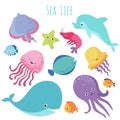 Cute baby sea fishes. Vector cartoon underwater animals collection Royalty Free Stock Photo