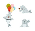 Cute Baby Seal Eating Eskimo and Flying with Bunch of Balloons Vector Set