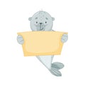 Cute baby seal holding blank paper banner. Funny adorable arctic animal character cartoon vector illustration Royalty Free Stock Photo