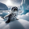 Cute baby seal on ice with artic sea background