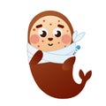 Cute baby seal suffering from high temperature and rash in cartoon style