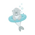 Cute baby seal swimming with inflatable lifebuoy. Funny adorable arctic animal character cartoon vector illustration