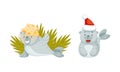 Cute Baby Seal Wearing Bucket Hat on Beach Waving Flipper and in Red Santa Hat Vector Set Royalty Free Stock Photo