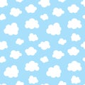 Cute Baby Seamless Pattern With Blue Sky With White Clouds Flat Icons. Cloud Symbols Background For Kids Fabric, Nursery