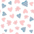 Cute baby seamless pattern with flowers and hearts. Drawn by hand.