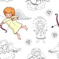 Cute baby seamless pattern with lovely doodle cupids isolated on white background