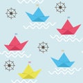 Cute baby seamless pattern with Paper Boats and the helms